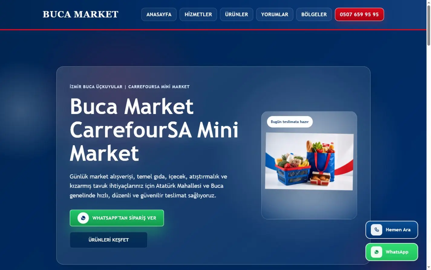 Buca Market web sitesi masaüstü görünümü